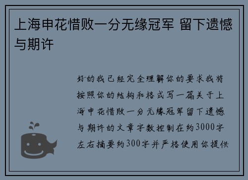 上海申花惜败一分无缘冠军 留下遗憾与期许